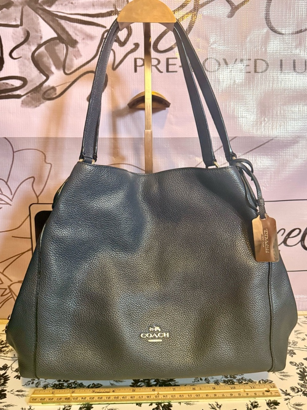 Coach Navy Blue Pebbled Leather Shoulder Tote - Picture 6 of 7